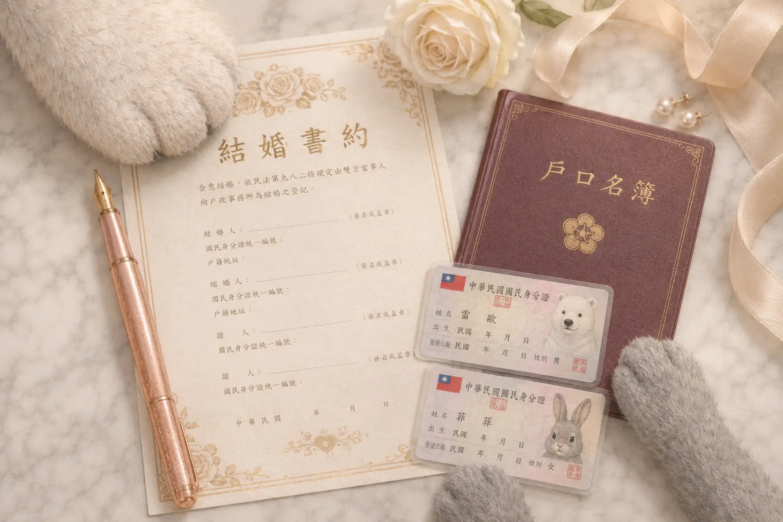 [橫式 Landscape 3:2] 暖白大理石桌面上的台灣結婚登記文件平鋪，包含結婚書約、身分證、戶口名簿、玫瑰金鋼筆、珍珠耳環、白玫瑰與緞帶，柔焦自然光、極簡高級感、細節清晰