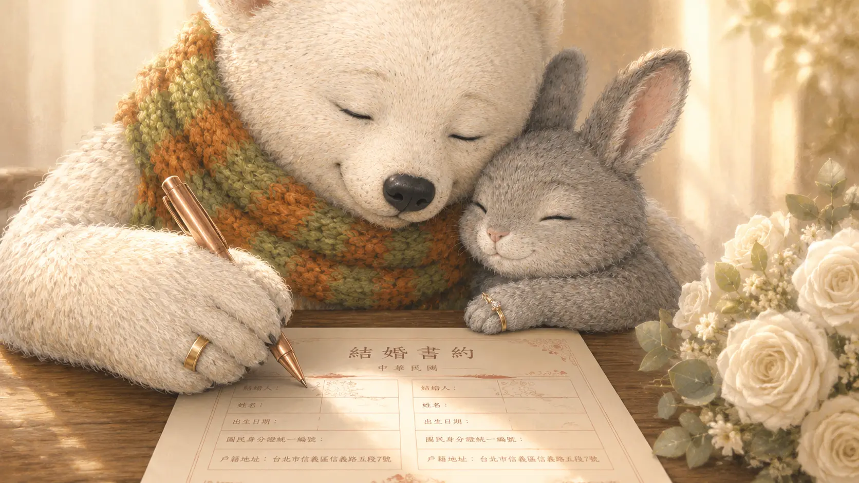 [橫式 Landscape 16:9] 新人在暖白木質桌面上用玫瑰金鋼筆簽署結婚書約，畫面只呈現雙手、婚戒、書約局部與白玫瑰花束，午後窗光、淺景深、優雅細膩、精品婚禮攝影風格